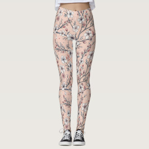 Leggings Motif Sakura en fleurs de cerisier rose sur rose (