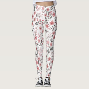 Leggings Motif Sakura Fleur de Cerisier Rose sur Fond Blanc