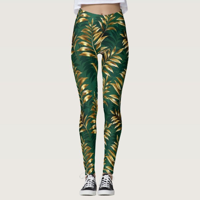 Leggings Motif sans couture avec des fougères dorées (Devant)