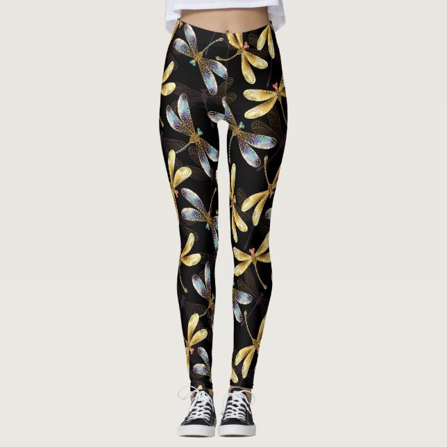 Leggings Motif sans couture avec libellules d'or (Devant)