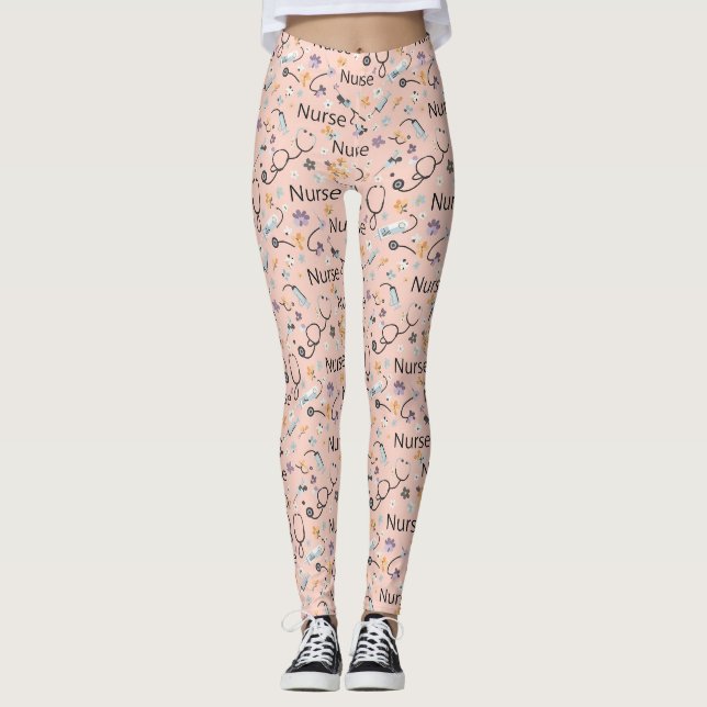 Leggings Motif sans couture de la vie d'infirmière rose (3) (Devant)