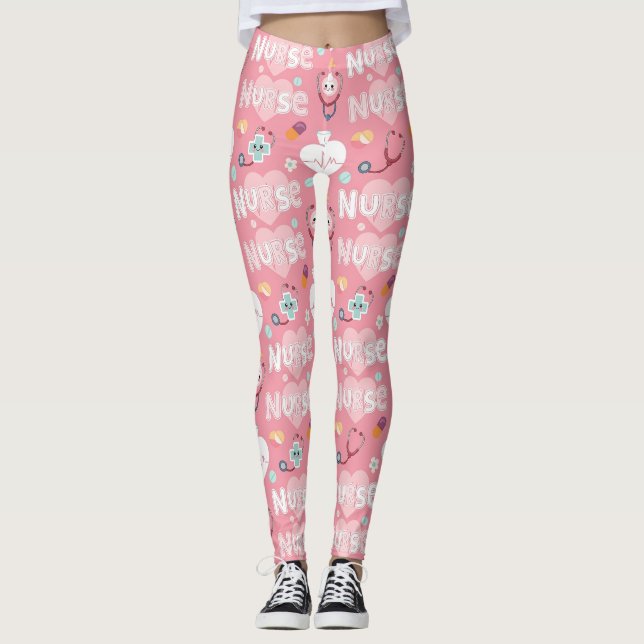 Leggings Motif sans couture de la vie d'infirmière rose (4) (Devant)