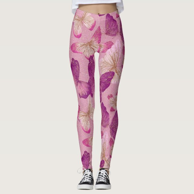 Leggings Motif sans couture de papillon rose pailleté (Devant)