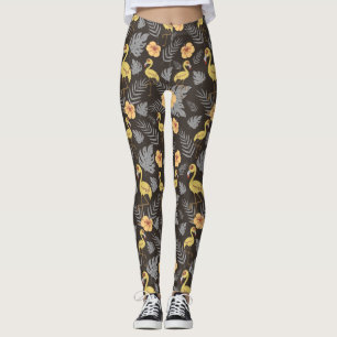 Leggings motif sans couture Flamant rose avec fleurs et feu