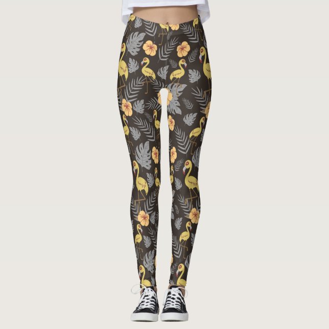 Leggings motif sans couture Flamant rose avec fleurs et feu (Devant)