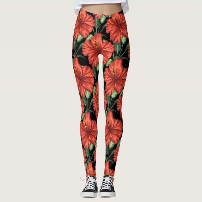 Leggings Motif sans couture Fleurs rouges tropicales feuill (Devant)