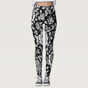 Leggings Motif sans couture floral vintage noir et blanc (5