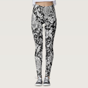 Leggings Motif sans couture floral vintage noir et blanc (6