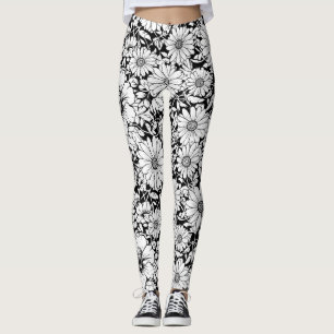 Leggings Motif sans couture floral vintage noir et blanc (7