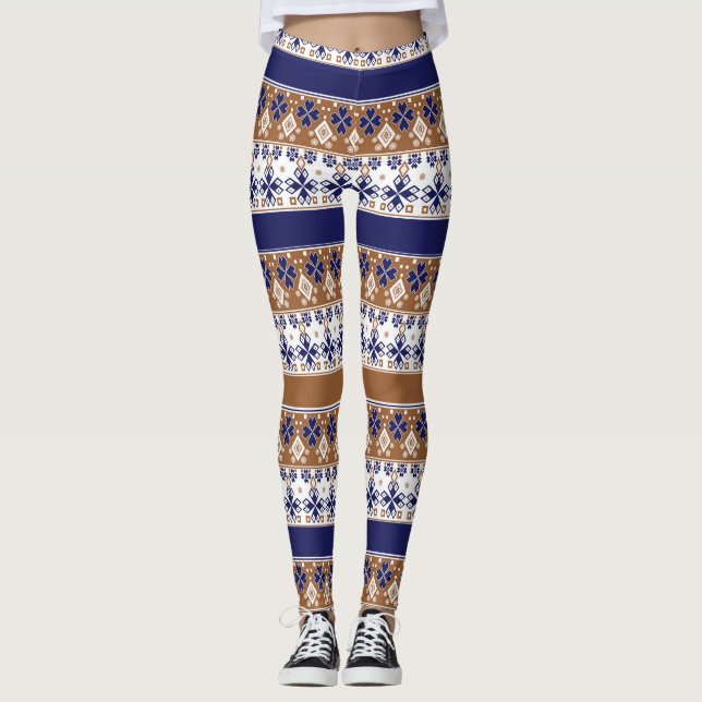 Leggings Motif scandinave rayé brun bleu (Devant)