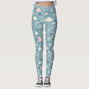 Leggings Motif Sky Whimsical avec nuages, étoiles - Bleu