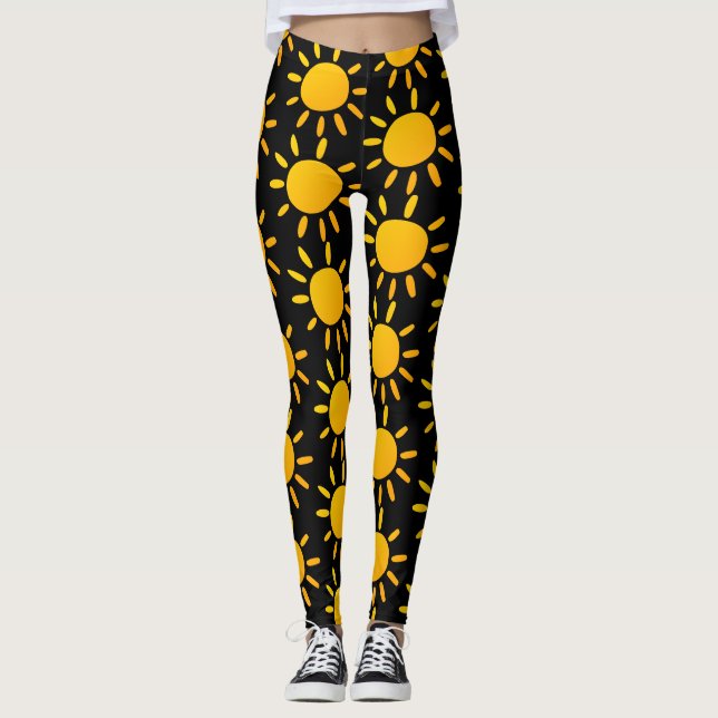 Leggings Motif Soleil D'Été Géométrique Noir Et Jaune (Devant)