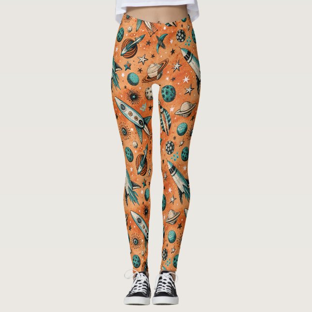 Leggings Motif spatial de fusée rétro Terracotta sarcelle (Devant)