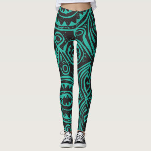 Leggings Motif Tiki Polynésien Noir et Vert