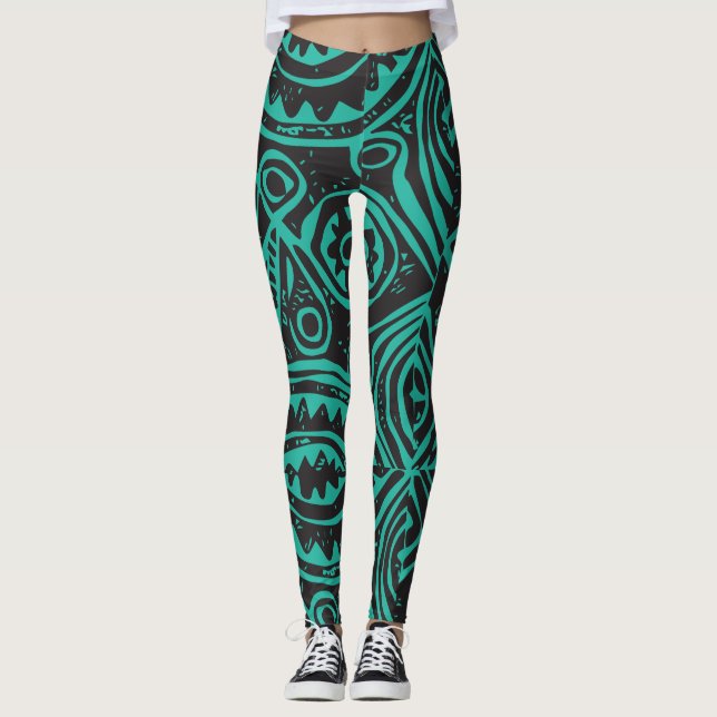 Leggings Motif Tiki Polynésien Noir et Vert  (Devant)