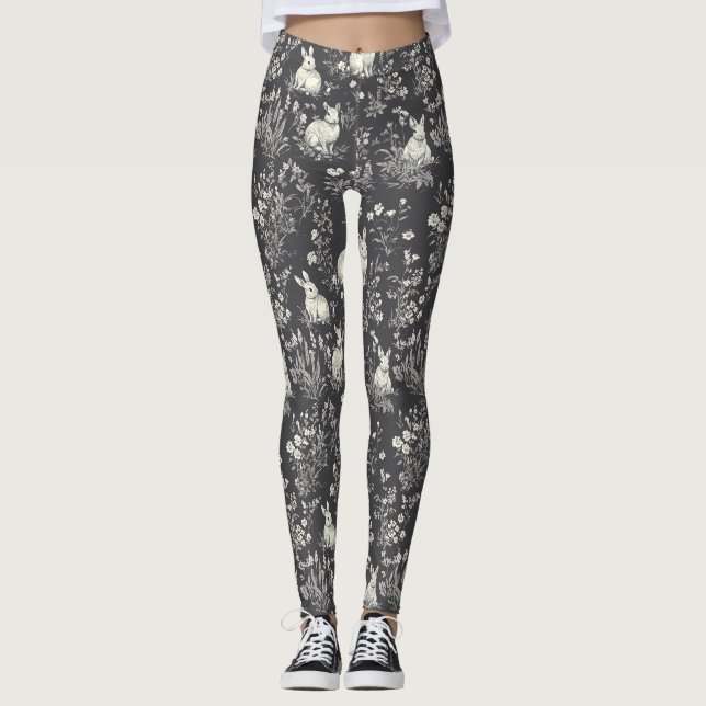 Leggings Motif Toile Botanique Lapin Noir Rustique (Devant)