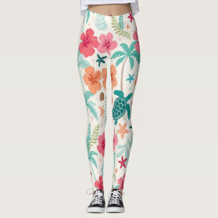 Leggings Motif Tortue de Mer Tropicale Hibiscus Palmier &