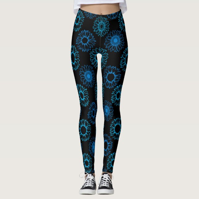 Leggings Motif Tournesols Bleus Fond Noir (Devant)