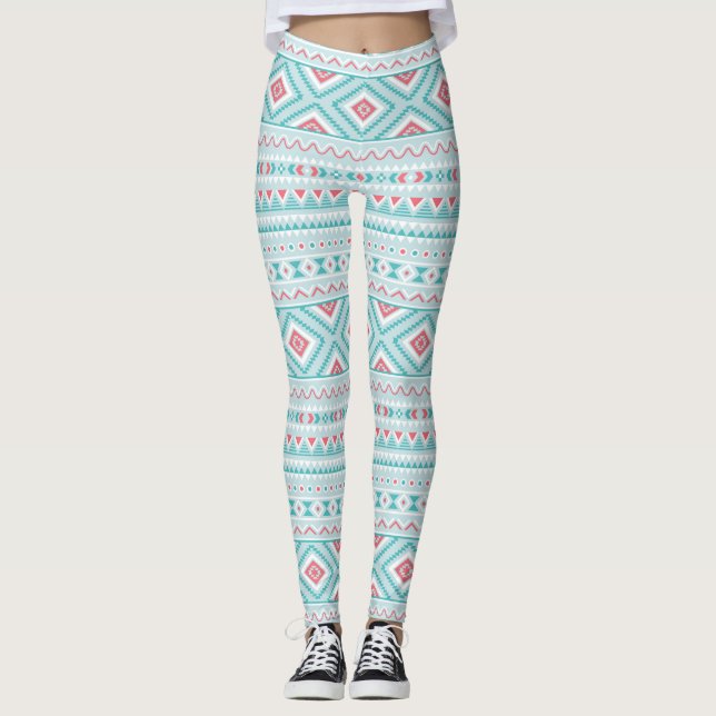 Leggings Motif tribal aztèque turquoise et rose (Devant)
