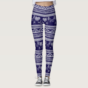 Leggings Motif tribal d'éléphant de blanc et de bleu mari