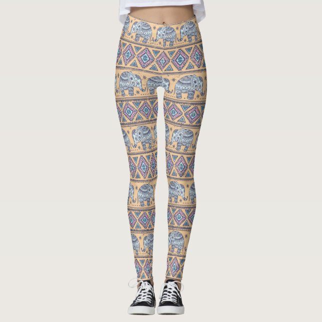 Leggings Motif tribal d'éléphant ethnique bleu (Devant)