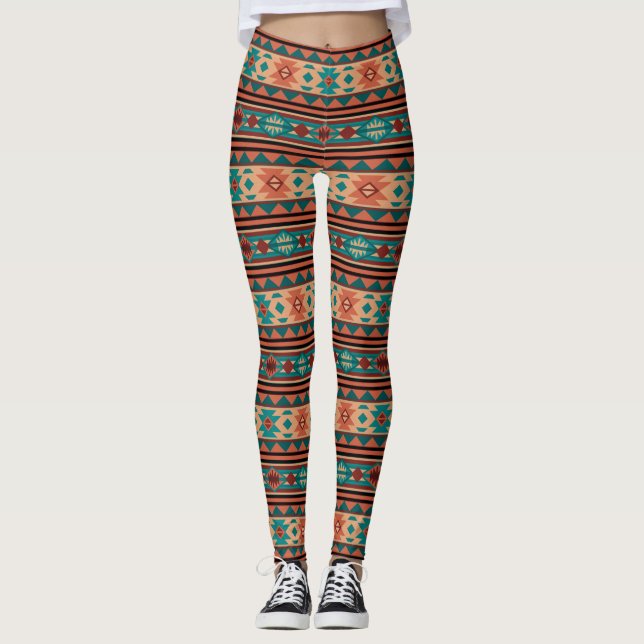 Leggings Motif Tribal Sud-Ouest Turquoise Terracotta (Devant)