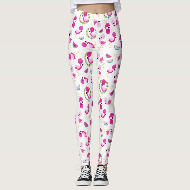 Leggings Motif tropical, Flamants roses, pastèques, Fleurs (Devant)