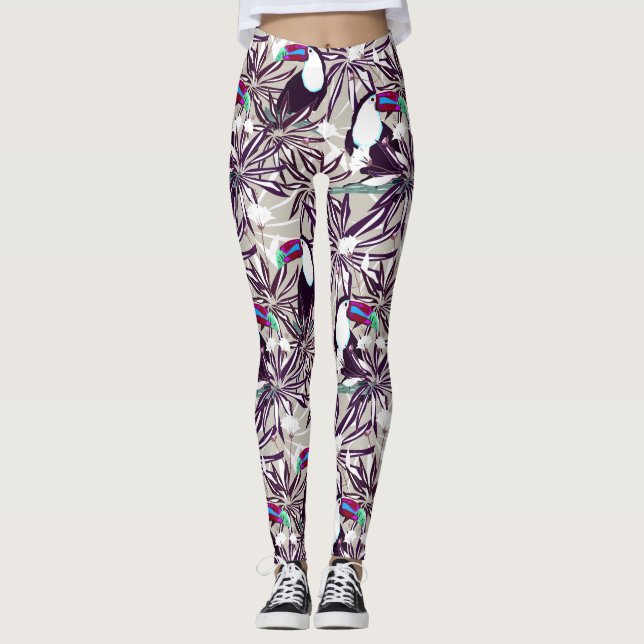 Leggings Motif tropicale avec palmiers et oiseaux. (Devant)