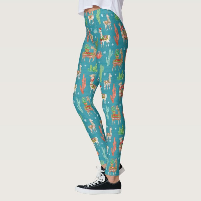 Leggings Motif turquoise de beau Noël de lamas (Gauche)