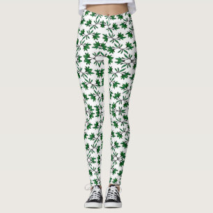 Leggings Motif vert à feuilles sur blanc