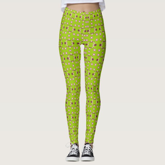 Leggings Motif vert et rose Abstrait avec Carrés (Devant)