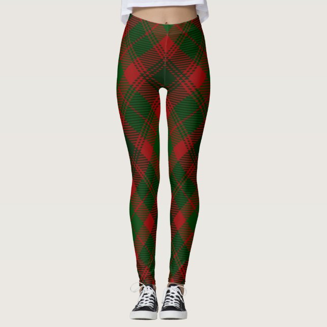 Leggings Motif vert rouge de plaid de tartan de Noël (Devant)