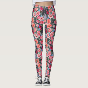 Leggings motif vintage aquarelle roses roses rouges et rose