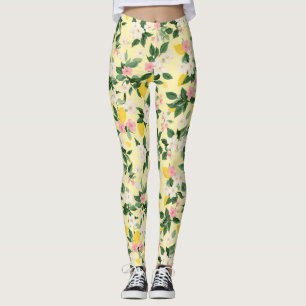 Leggings Motif vintage citron et fleurs sur jaune