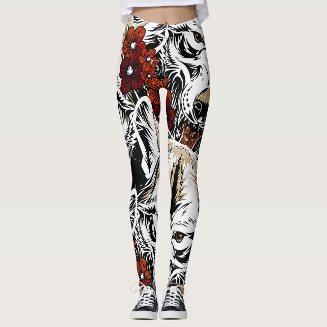 Leggings Motif Vintage Tatoo Fleur Loup (Devant)