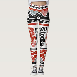 Leggings Motifs indiens, rouge noir, motif sans couture.