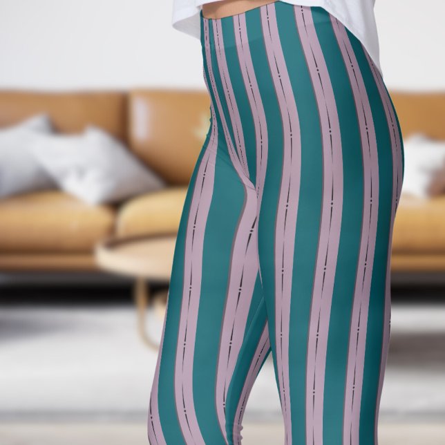 Leggings Motifs Turquoises foncés et roses classiq (Classic Dark Teal and Pink Strip Pattern Leggings)