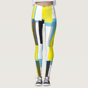 Leggings Musique jazz, motif géométrique bleu jaune.