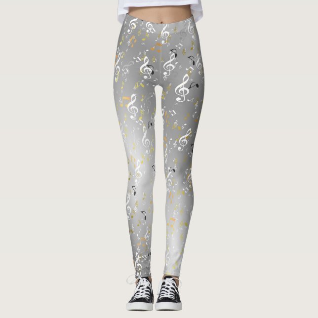 Leggings musique, musical, note, blanc, mélodie, clé, son, (Devant)