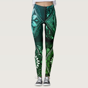 Leggings Mystique de Mandala Vert, Noir et Blanc