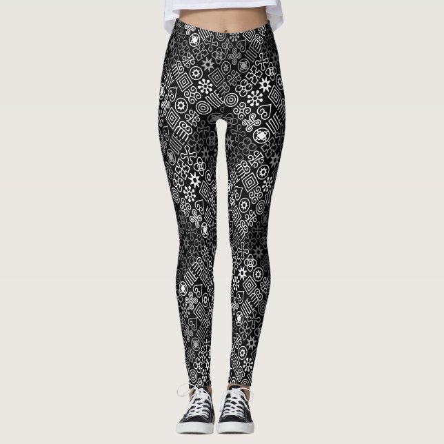 Leggings MZT01.Doodle Tiles avec tons gris.Fond noir (Devant)