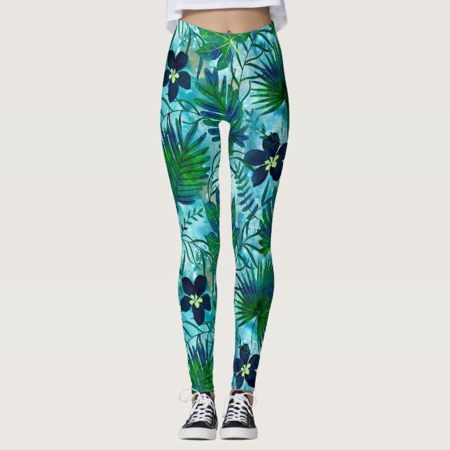 Leggings Nalani Hawaiian Tropical Garden Turquoise (Devant)
