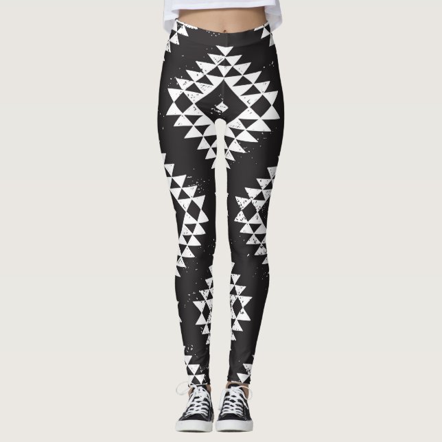 Leggings Navajo Géométrique : Tribal Blanc Noir. (Devant)