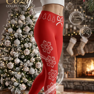 Leggings Navideños Rojos con Lazo, Copos de Nieve y arboles