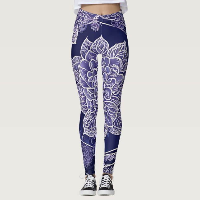 Leggings Navy blue mandala floral AI art  (Devant)