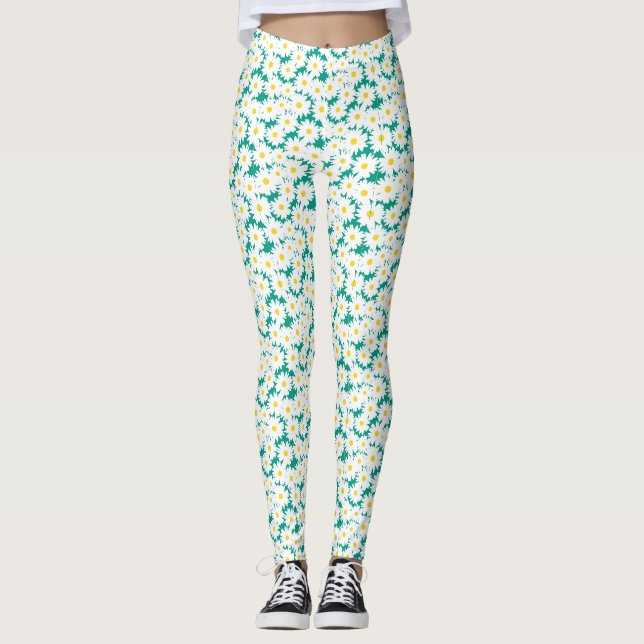 Leggings Négative Space Daisies blanc jaune sur vert (Devant)