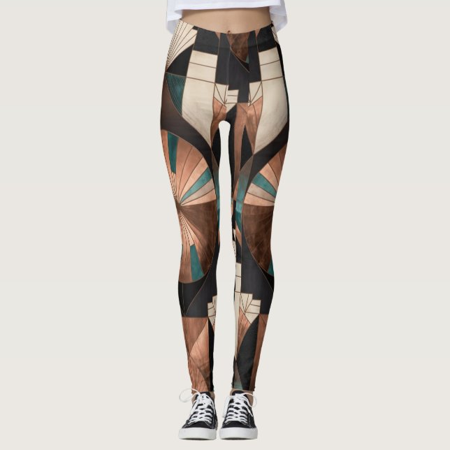 Leggings Neo Art Deco Geometric Teal Copper Gold Sunburst (Devant)