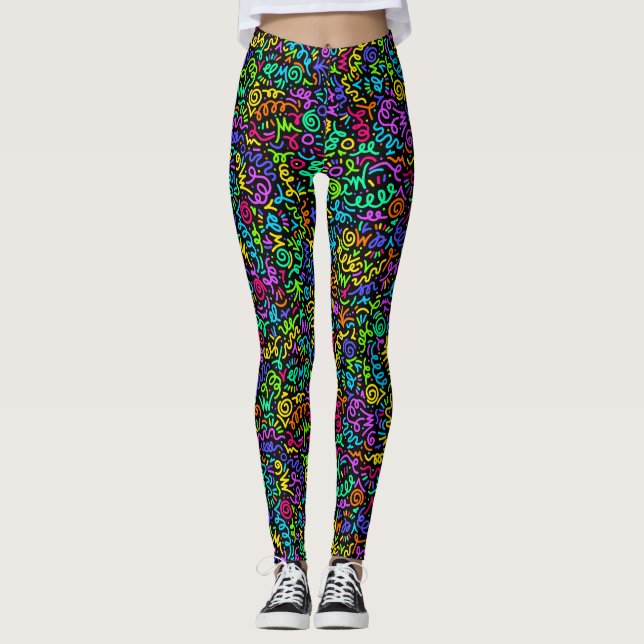 Leggings Neon 90s Squiggle Scribbles Motif sans couture (Devant)