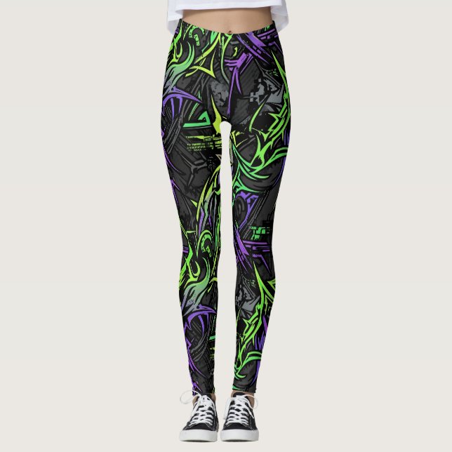 Leggings Néon Cyber : Vert Électrique et Violet (Devant)