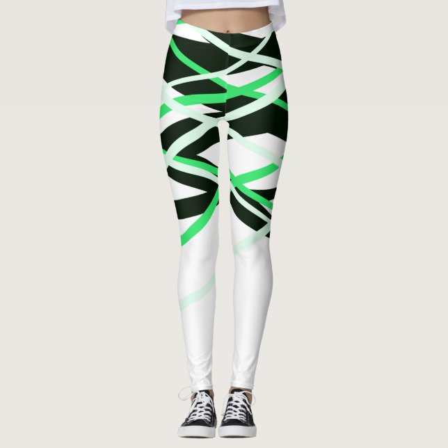 Leggings Neon Green Black White Stripes géométriques (Devant)